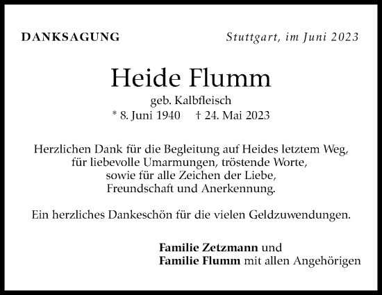 Traueranzeige von Heide Flumm von Stuttgarter Zeitung / Stuttgarter Nachrichten
