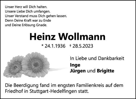Traueranzeige von Heinz Wollmann von Stuttgarter Zeitung / Stuttgarter Nachrichten