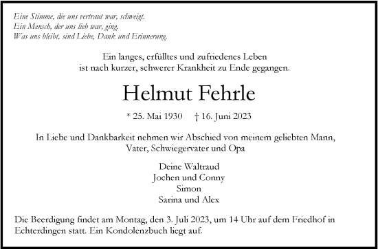 Traueranzeige von Helmut Fehrle von Stuttgarter Zeitung / Stuttgarter Nachrichten