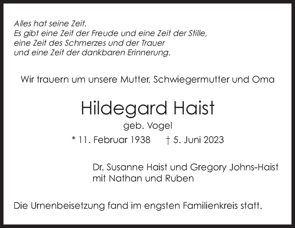  Traueranzeige für Hildegard Haist vom 24.06.2023 aus Stuttgarter Zeitung / Stuttgarter Nachrichten