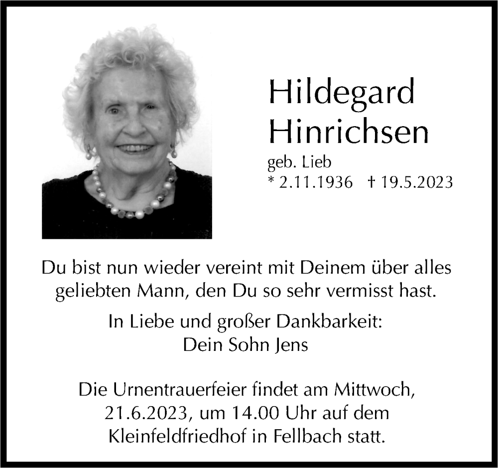  Traueranzeige für Hildegard Hinrichsen vom 17.06.2023 aus Stuttgarter Zeitung / Stuttgarter Nachrichten
