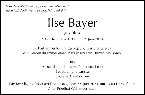 Traueranzeige von Ilse Bayer von Stuttgarter Zeitung / Stuttgarter Nachrichten