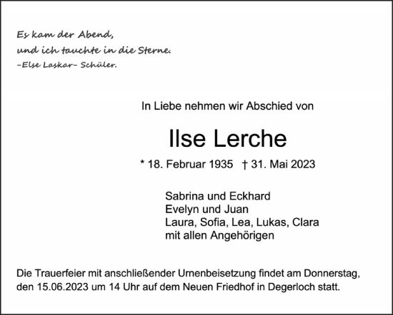 Traueranzeige von Ilse Lerche von Stuttgarter Zeitung / Stuttgarter Nachrichten