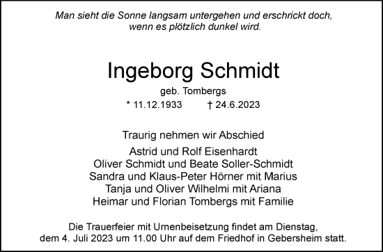 Traueranzeige von Ingeborg Schmidt von Stuttgarter Zeitung / Stuttgarter Nachrichten