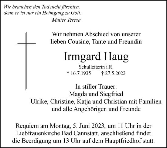 Traueranzeige von Irmgard Haug von Stuttgarter Zeitung / Stuttgarter Nachrichten