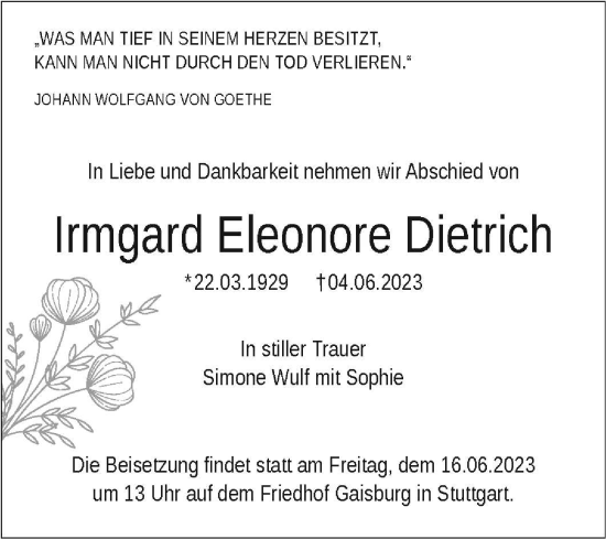 Traueranzeige von Irmgard Eleonore Dietrich von Stuttgarter Zeitung / Stuttgarter Nachrichten