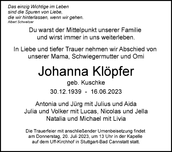 Traueranzeige von Johanna Klöpfer von Stuttgarter Zeitung / Stuttgarter Nachrichten