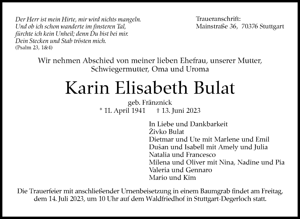  Traueranzeige für Karin Elisabeth Bulat vom 24.06.2023 aus Stuttgarter Zeitung / Stuttgarter Nachrichten