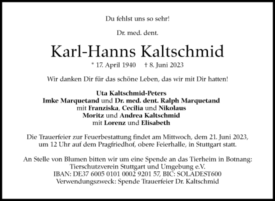 Traueranzeige von Karl-Hanns Kaltschmid von Stuttgarter Zeitung / Stuttgarter Nachrichten