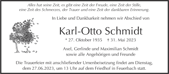Traueranzeige von Karl-Otto Schmidt von Stuttgarter Zeitung / Stuttgarter Nachrichten