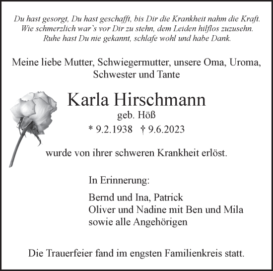 Traueranzeige von Karla Hirschmann von Stuttgarter Zeitung / Stuttgarter Nachrichten