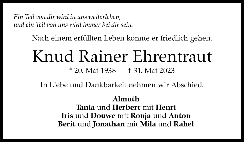  Traueranzeige für Knud Rainer Ehrentraut vom 15.06.2023 aus Stuttgarter Zeitung / Stuttgarter Nachrichten