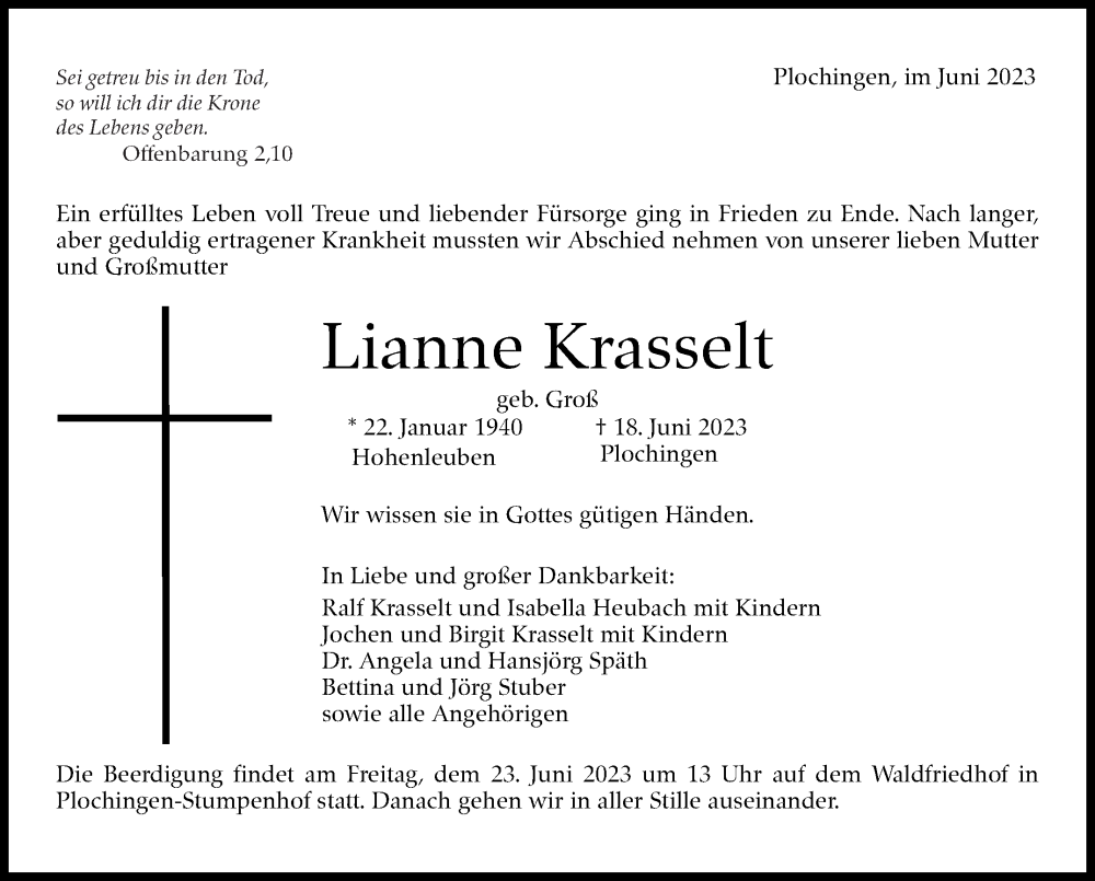  Traueranzeige für Lianne Krasselt vom 22.06.2023 aus Stuttgarter Zeitung / Stuttgarter Nachrichten
