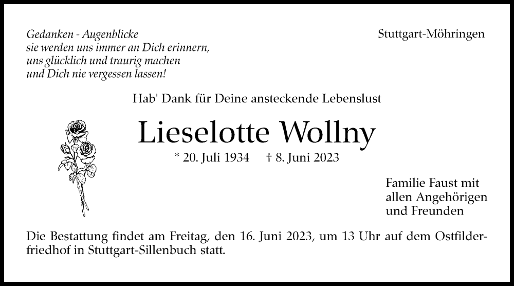  Traueranzeige für Lieselotte Wollny vom 15.06.2023 aus Stuttgarter Zeitung / Stuttgarter Nachrichten