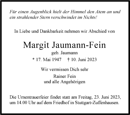 Traueranzeige von Margit Jaumann-Fein von Stuttgarter Zeitung / Stuttgarter Nachrichten