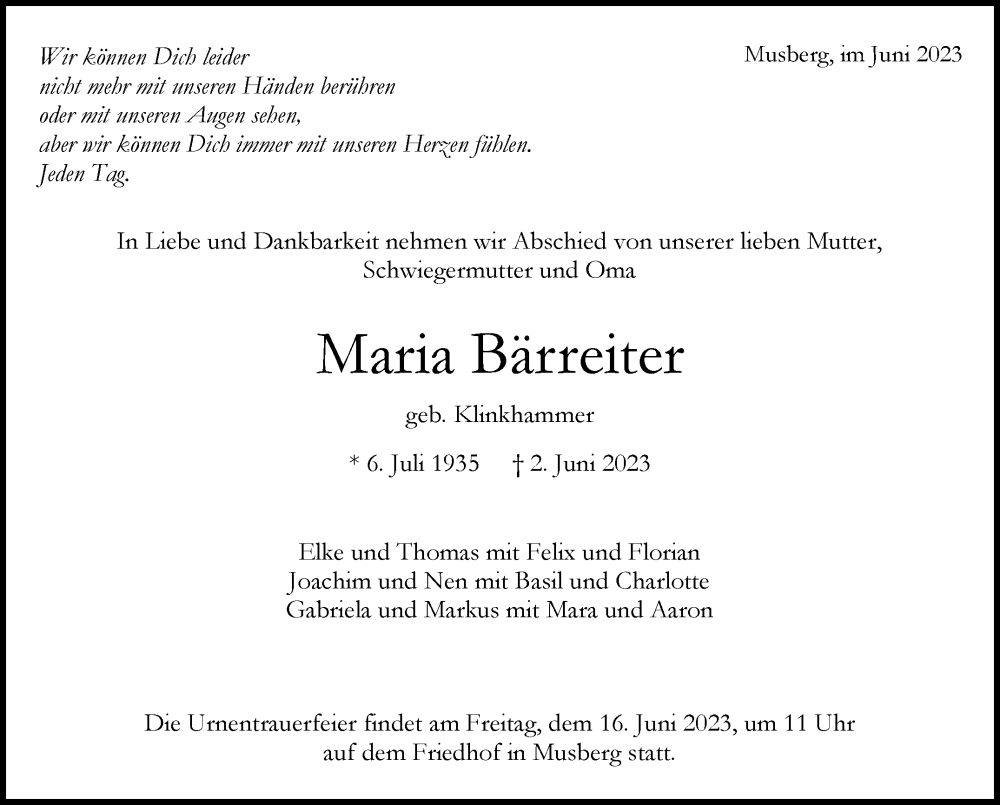  Traueranzeige für Maria Bärreiter vom 09.06.2023 aus Stuttgarter Zeitung / Stuttgarter Nachrichten
