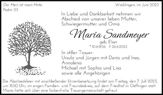Traueranzeige von Maria Sandmeyer von Stuttgarter Zeitung / Stuttgarter Nachrichten