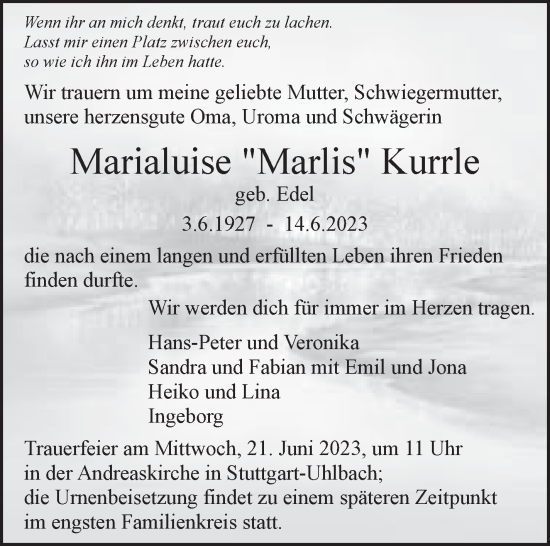 Traueranzeige von Marialuise Kurrle von Stuttgarter Zeitung / Stuttgarter Nachrichten
