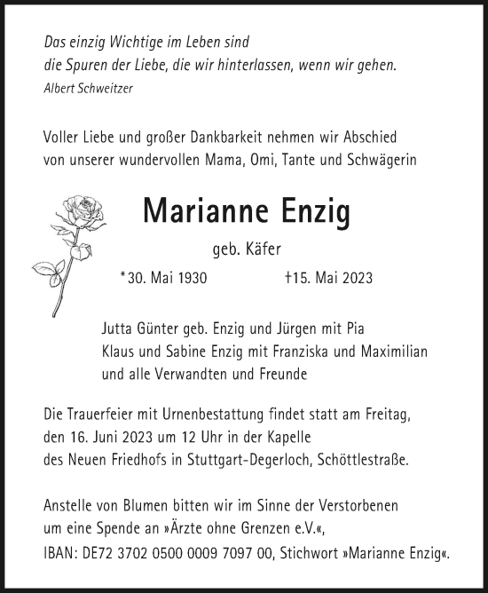 Traueranzeige von Marianne Enzig von Stuttgarter Zeitung / Stuttgarter Nachrichten