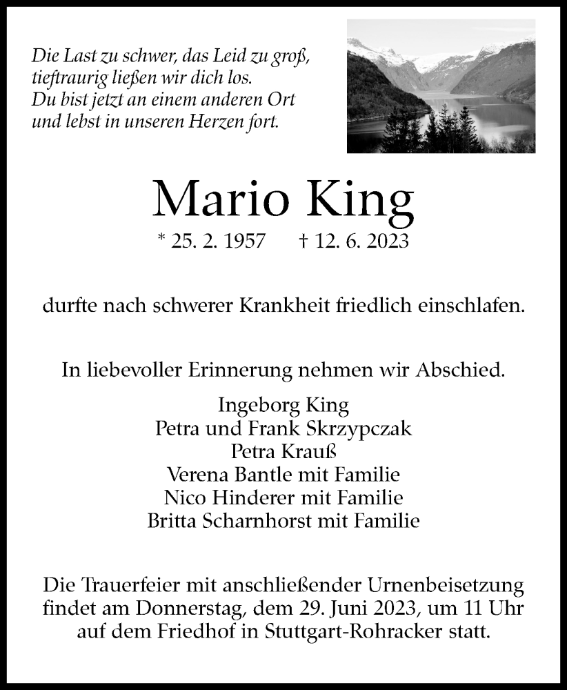  Traueranzeige für Mario King vom 23.06.2023 aus Stuttgarter Zeitung / Stuttgarter Nachrichten