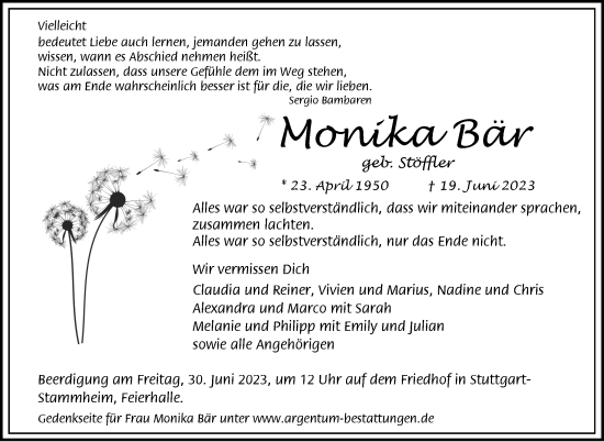 Traueranzeige von Monika Bär von Stuttgarter Zeitung / Stuttgarter Nachrichten