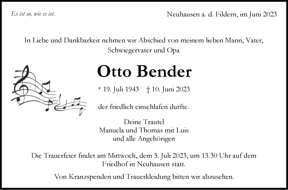  Traueranzeige für Otto Bender vom 27.06.2023 aus Stuttgarter Zeitung / Stuttgarter Nachrichten