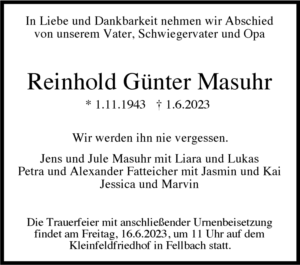  Traueranzeige für Reinhold Günter Masuhr vom 09.06.2023 aus Stuttgarter Zeitung / Stuttgarter Nachrichten