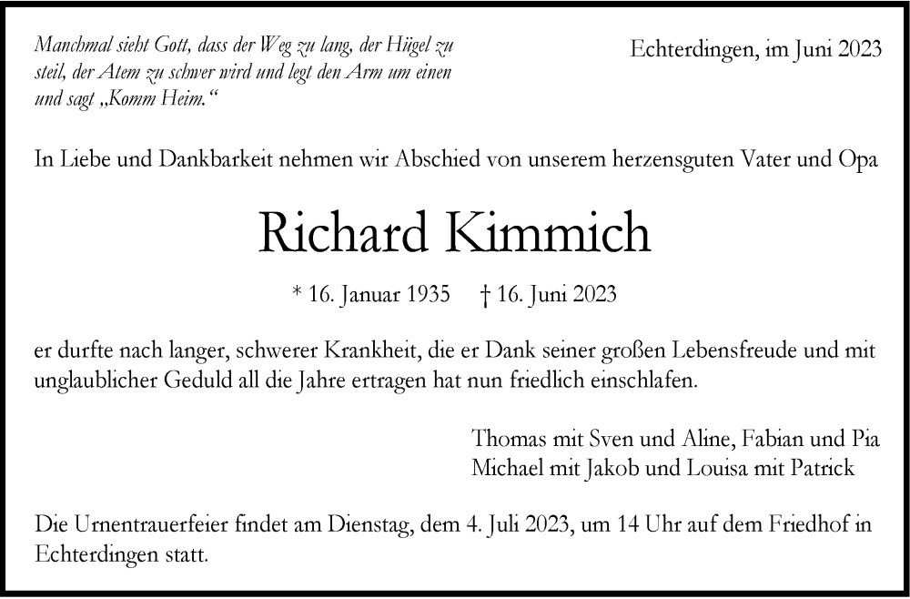  Traueranzeige für Richard Kimmich vom 27.06.2023 aus Stuttgarter Zeitung / Stuttgarter Nachrichten