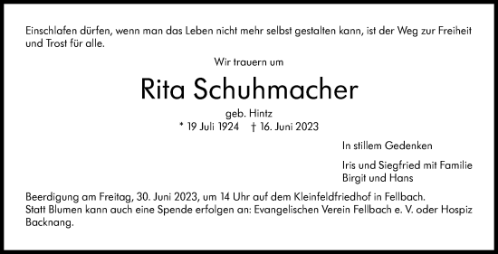 Traueranzeige von Rita Schuhmacher von Stuttgarter Zeitung / Stuttgarter Nachrichten
