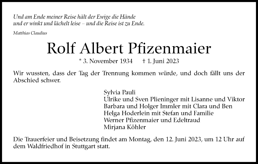  Traueranzeige für Rolf Albert Pfizenmaier vom 10.06.2023 aus Stuttgarter Zeitung / Stuttgarter Nachrichten