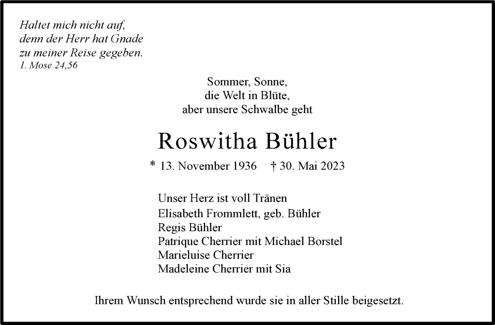  Traueranzeige für Roswitha Bühler vom 10.06.2023 aus Stuttgarter Zeitung / Stuttgarter Nachrichten