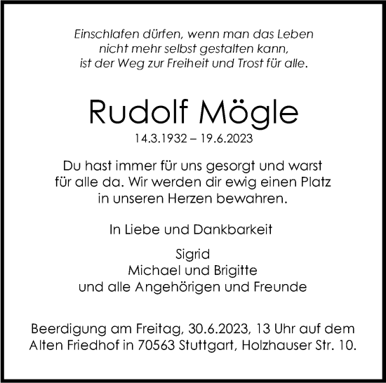 Traueranzeige von Rudolf Mögle von Stuttgarter Zeitung / Stuttgarter Nachrichten