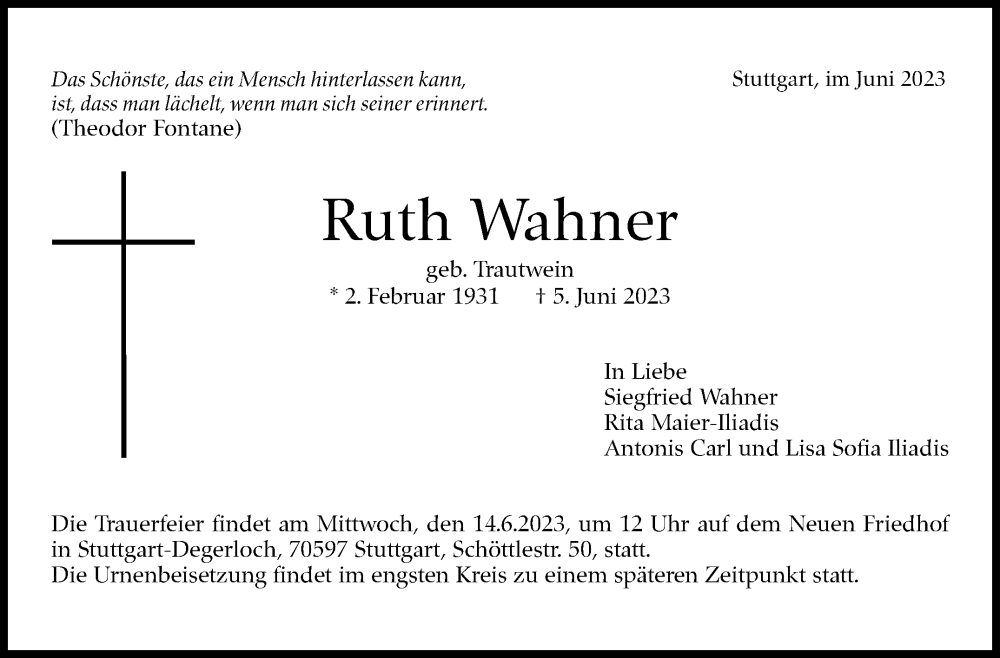 Traueranzeige für Ruth Wahner vom 10.06.2023 aus Stuttgarter Zeitung / Stuttgarter Nachrichten