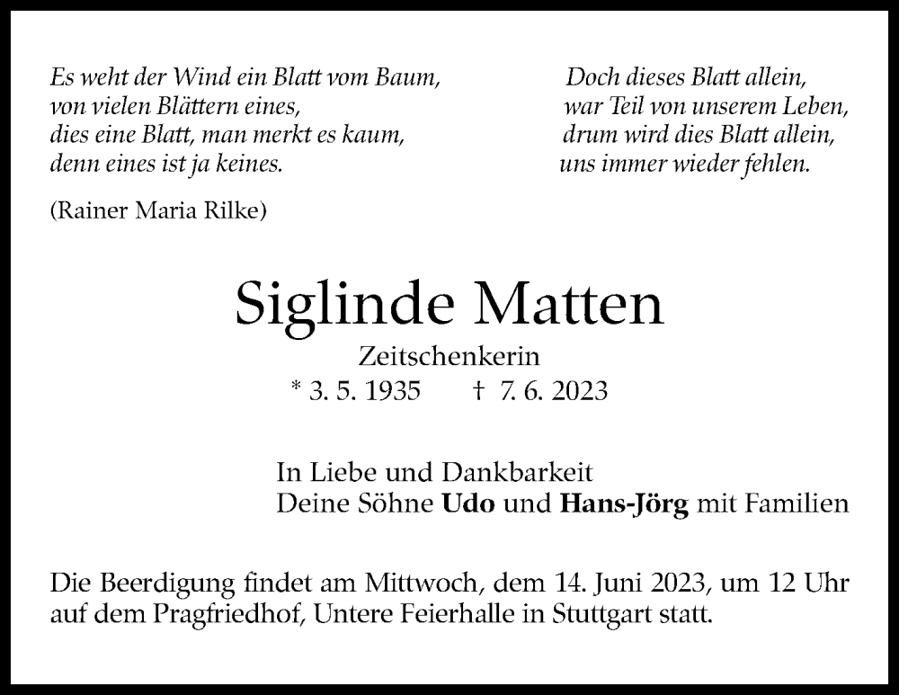  Traueranzeige für Siglinde Matten vom 13.06.2023 aus Stuttgarter Zeitung / Stuttgarter Nachrichten