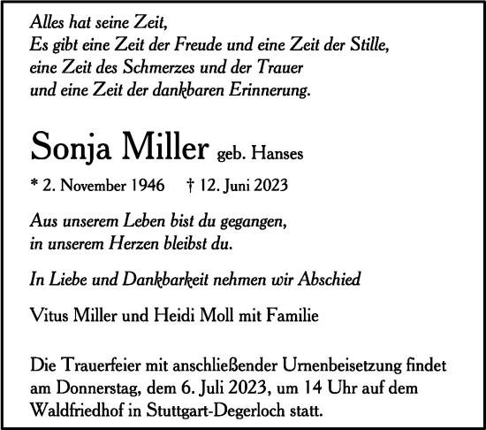 Traueranzeige von Sonja Miller von Stuttgarter Zeitung / Stuttgarter Nachrichten