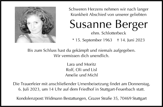Traueranzeige von Susanne Berger von Stuttgarter Zeitung / Stuttgarter Nachrichten