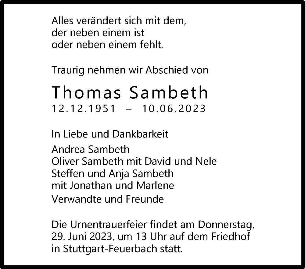  Traueranzeige für Thomas Sambeth vom 17.06.2023 aus Stuttgarter Zeitung / Stuttgarter Nachrichten