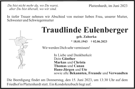 Traueranzeige von Traudlinde Eulenberger von Stuttgarter Zeitung / Stuttgarter Nachrichten