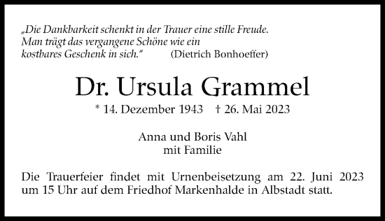 Traueranzeige von Ursula Grammel von Stuttgarter Zeitung / Stuttgarter Nachrichten