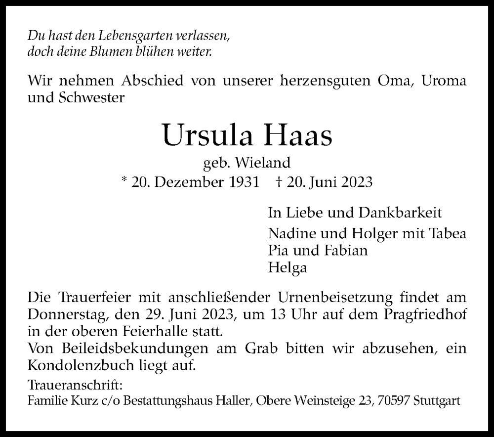  Traueranzeige für Ursula Haas vom 27.06.2023 aus Stuttgarter Zeitung / Stuttgarter Nachrichten