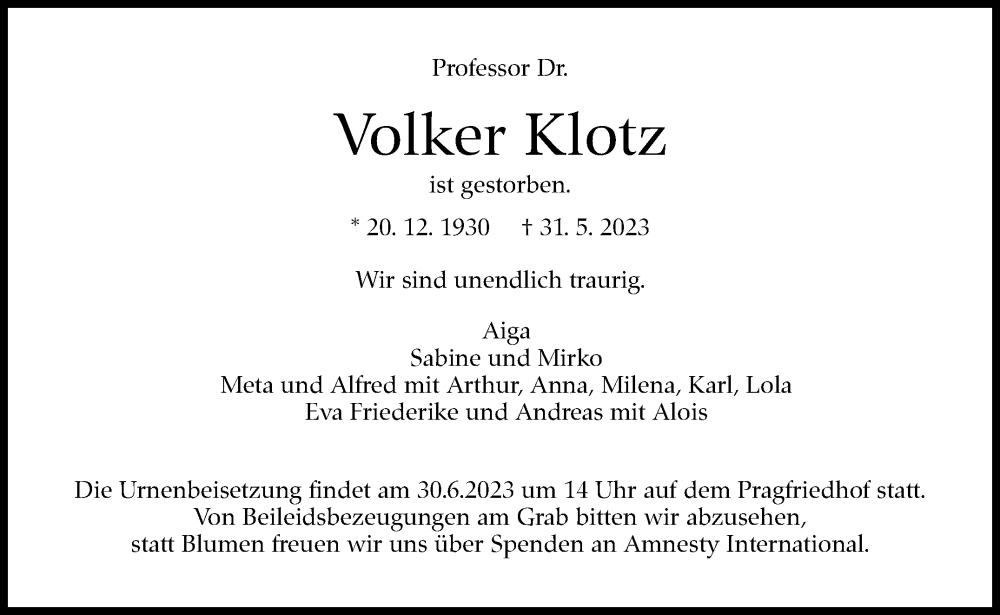  Traueranzeige für Volker Klotz vom 10.06.2023 aus Stuttgarter Zeitung / Stuttgarter Nachrichten