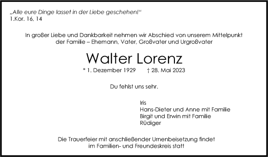 Traueranzeige von Walter Lorenz von Stuttgarter Zeitung / Stuttgarter Nachrichten