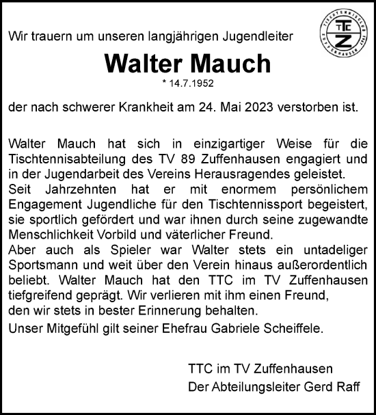 Traueranzeige von Walter Mauch von Stuttgarter Zeitung / Stuttgarter Nachrichten