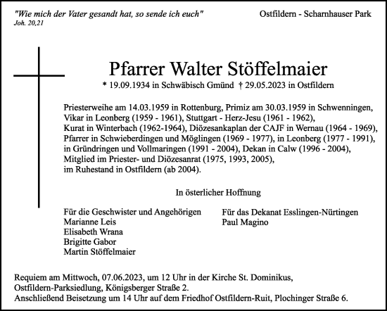 Traueranzeige von Walter Stöffelmaier von Stuttgarter Zeitung / Stuttgarter Nachrichten