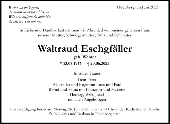 Traueranzeige von Waltraud Eschgfäller von Stuttgarter Zeitung / Stuttgarter Nachrichten