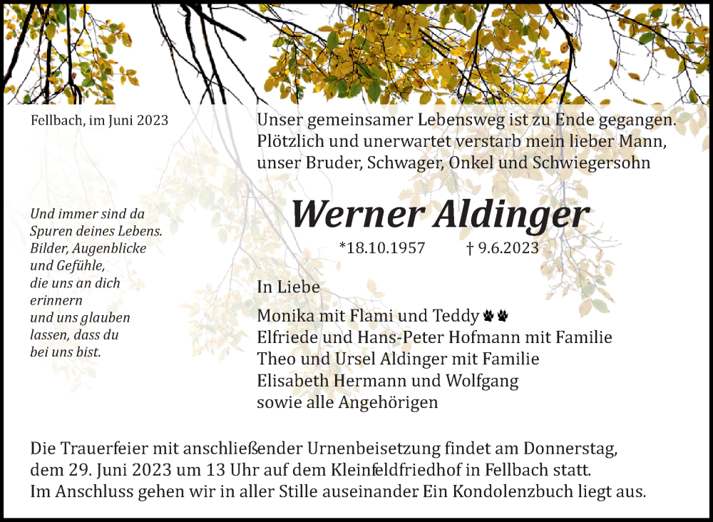  Traueranzeige für Werner Aldinger vom 24.06.2023 aus Stuttgarter Zeitung / Stuttgarter Nachrichten