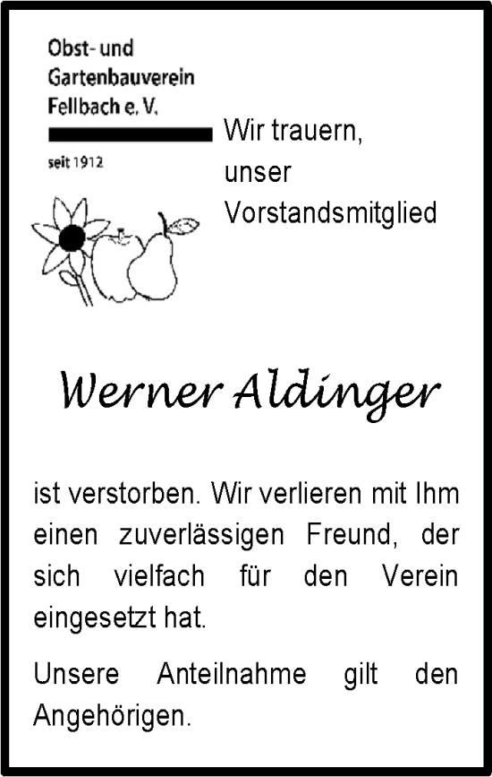 Traueranzeige von Werner Aldinger von Stuttgarter Zeitung / Stuttgarter Nachrichten