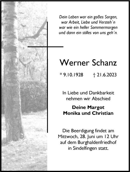 Traueranzeige von Werner Schanz von Stuttgarter Zeitung / Stuttgarter Nachrichten