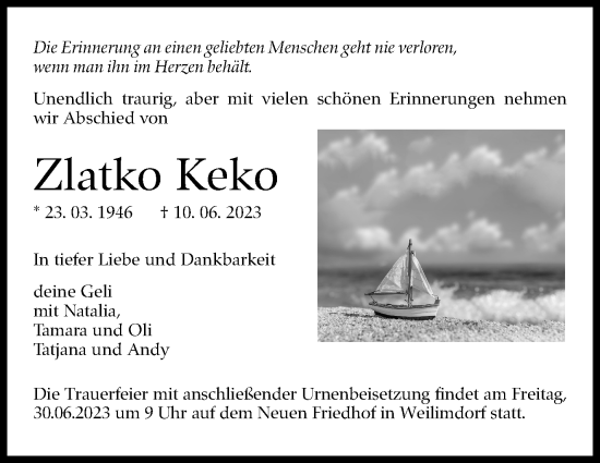 Traueranzeige von Zlatko Keko von Stuttgarter Zeitung / Stuttgarter Nachrichten