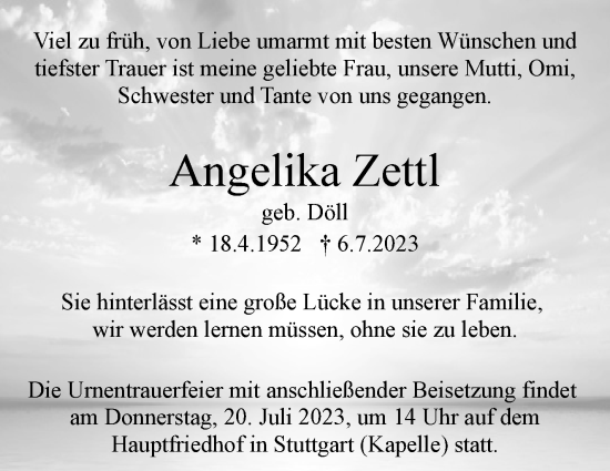 Traueranzeige von Angelika Zettl von Stuttgarter Zeitung / Stuttgarter Nachrichten